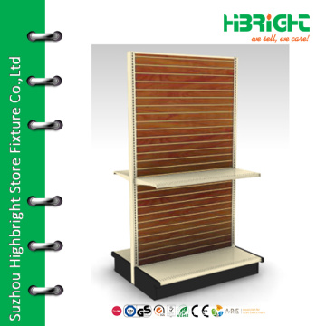 supermarket gondola shelf with MDF back panels